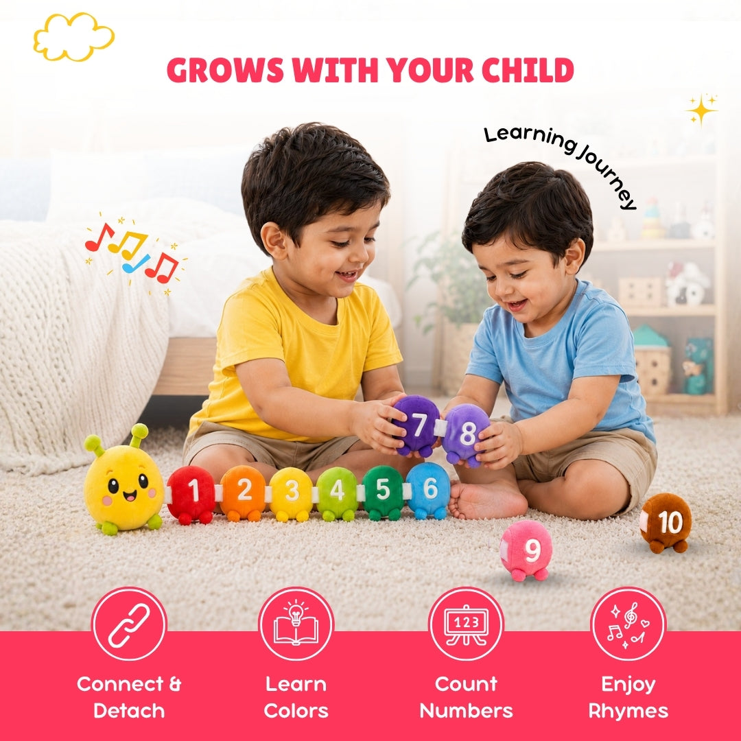 Two children playing with educational toys that display numbers and colors on a carpeted floor.