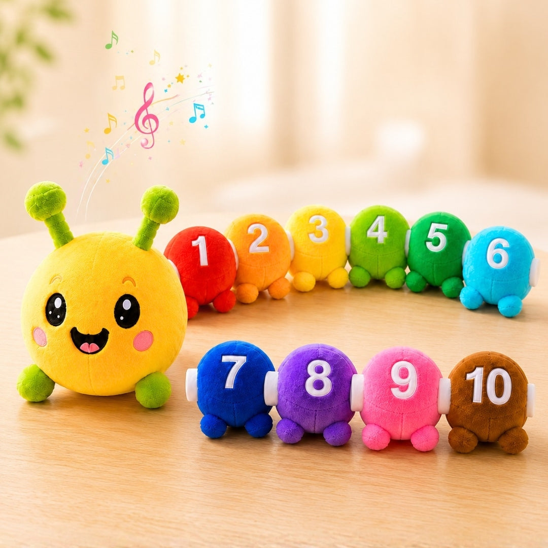 Colorful caterpillar-shaped toy with numbers on a wooden surface