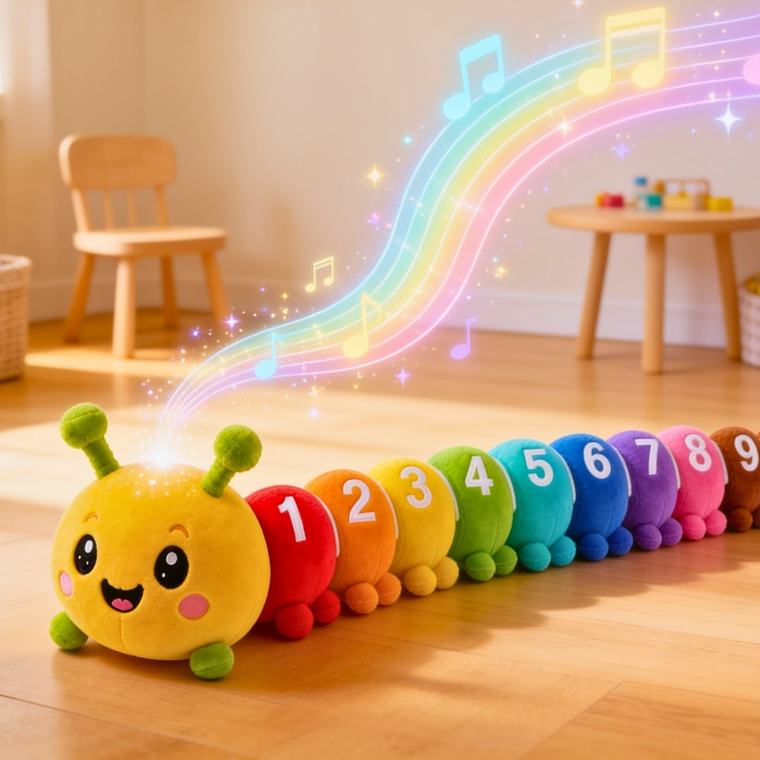Colorful caterpillar-shaped plush toy with numbers on a wooden floor, surrounded by a glowing rainbow and musical notes.