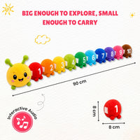 Colorful caterpillar-shaped toy with numbers and interactive audio feature, displayed with measurements on a white background.