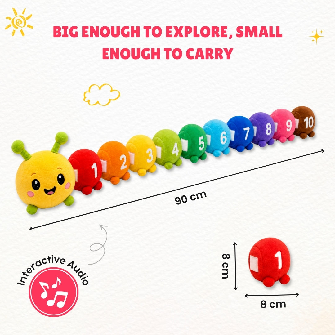 Colorful caterpillar-shaped toy with numbers and interactive audio feature, displayed with measurements on a white background.