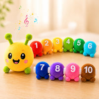 Colorful caterpillar-shaped toy with numbers on a wooden surface