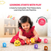 Child playing with a colorful caterpillar toy that teaches numbers, with text about play-based learning.