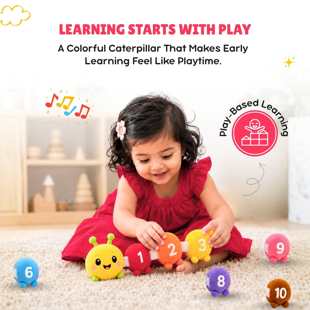Child playing with a colorful caterpillar toy that teaches numbers, with text about play-based learning.