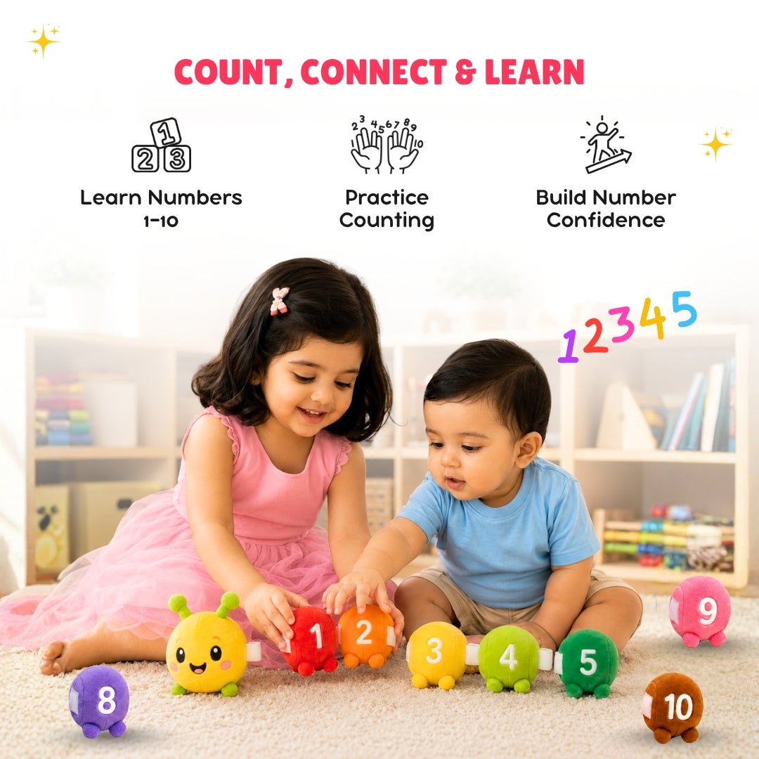 Two children playing with colorful number toys in a room with educational text above.
