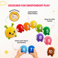 Colorful plush numbers with sound module and child-safe Velcro connectors on a white background.