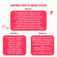 Three rhymes about caterpillars on a white background with red text boxes.