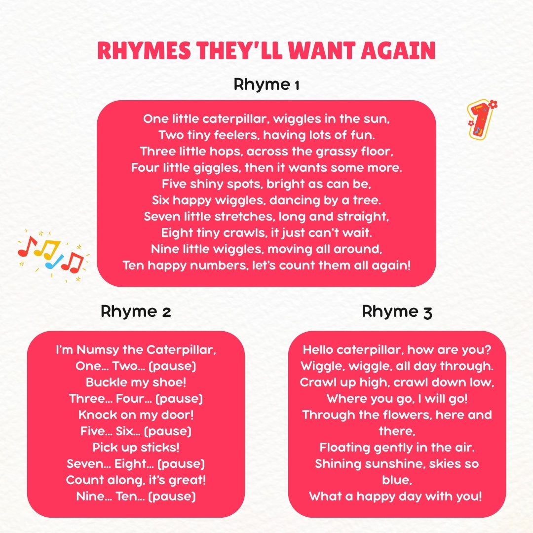 Three rhymes about caterpillars on a white background with red text boxes.