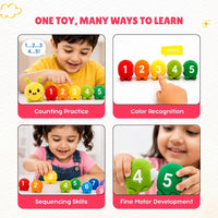 Educational toy with numbers and colors for learning counting, color recognition, sequencing, and fine motor skills.